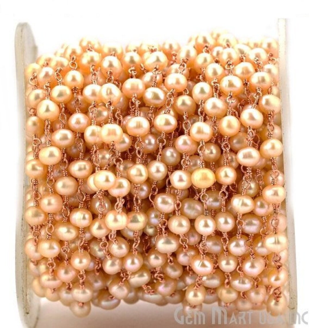 Pink Pearl 4mm Rose Gold Plated Wire Wrapped Rosary Chain by Etsy