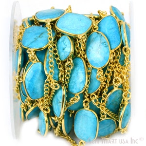 One Foot Beautiful Turquoise, 10-15mm 24k gold Plated Bezel connectors Chain by foot (GPTQ-20002)