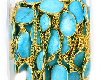 One Foot Turquoise, 10-15mm 24k gold Plated Bezel connectors Chain by foot (GPTQ-20002)
