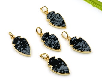 Black Obsidian Arrowhead Pendant, 30x16mm Gold Electroplated Gemstone Arrow Head Charms Chain Pendant AHDZ-50033