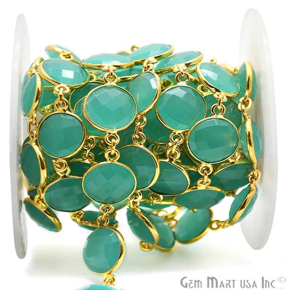 Green Aqua Chalcedony Wire Wrapped Bezel Bead Chain, Linked Connector Chain. 12mm Round Gold plated Gemstone Link Chain (GPAG-20008)