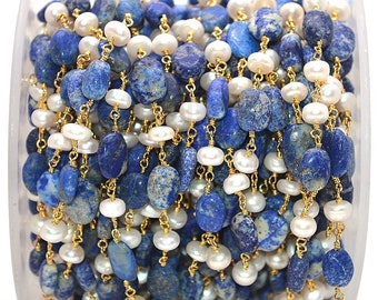 Lapis with Freshwater Pearl Rosary Chain, Rondelle beads Chain, Gold Plated Chain, Jewelry Making Supplies GemMartUSA (GPLM-30042)