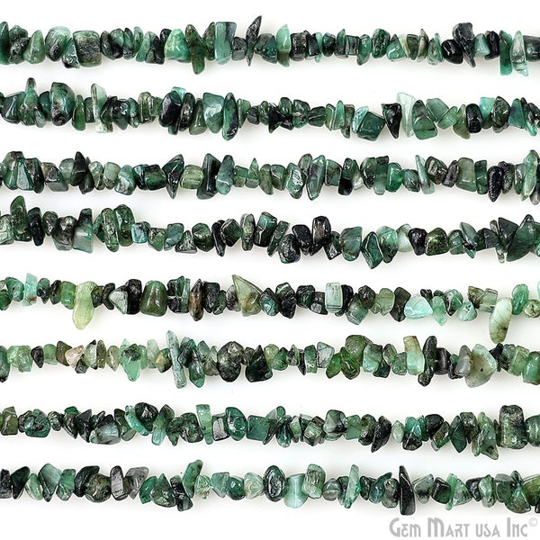 Emerald Chip Beads, 34 Inch, Natural Chip Strands, Drilled Strung Nugget Beads, 3-7mm, Polished, GemMartUSA (CHEM-70001)