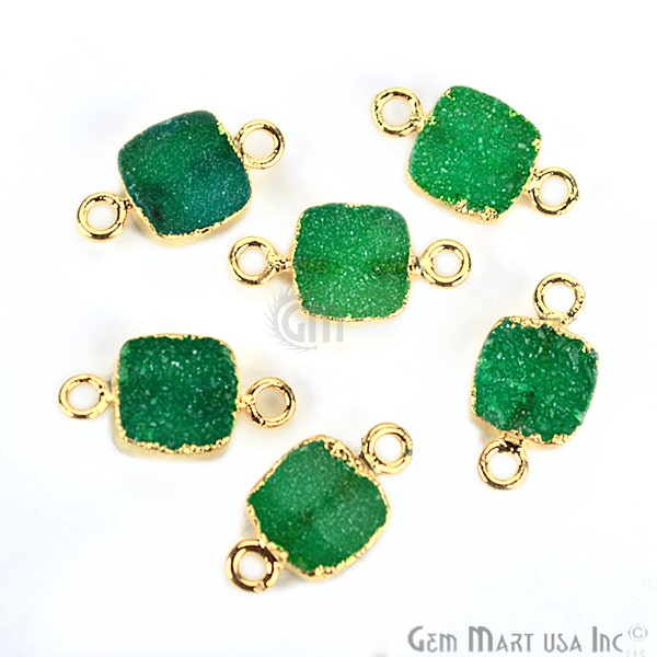 Green Druzy Connector, 8mm Square Shape 22k Gold Electroplated Double Bail Link Druzy Connector Pendant 1pc (ZEG-11235)