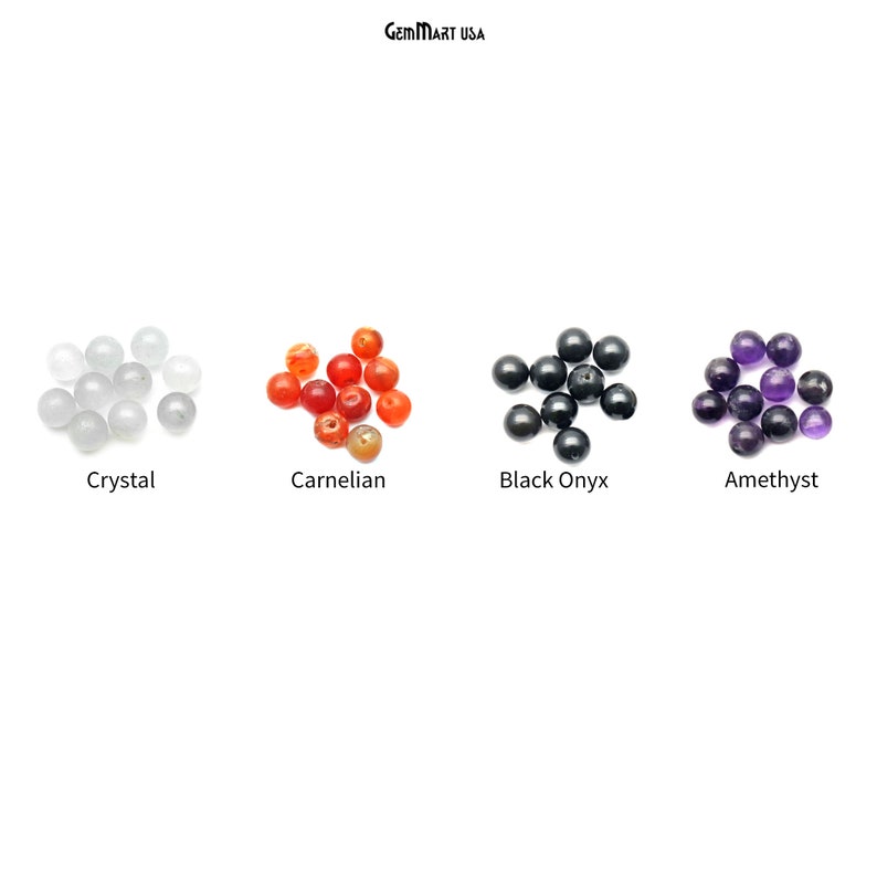 May include: Assortment of gemstone beads in various colors, including clear crystal, carnelian, black onyx, and amethyst. Each color is displayed in a separate pile.