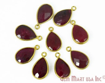 Natural Ruby, Bezel Pears Shape Connector, 8x12mm Pears 24k Gold Plated, Single Bail 1pc. (RB-10088)