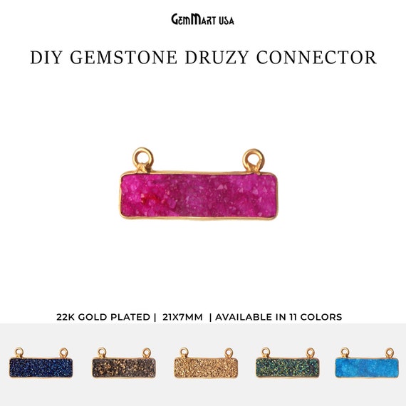 Gemstone Druzy Connector, Druzy Charms, Rainbow Titanium, Earring Connector, Gold Bail, 21x7mm Rectangle Shape, GemMartUSA (50144)