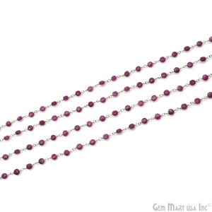 Natural Ruby Beads Silver Rosary Chain, 3-4 mm Faceted Coin Beads, Silver Plated Wire Wrapped Rosary Chain, GemMartUSA  (SPRB-30135)