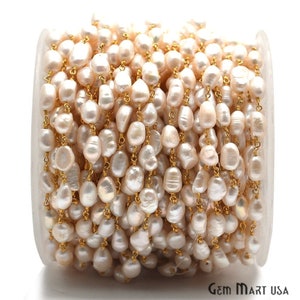 Freshwater Pearl Rosary Chain, Rondelle beads Chain, Gold Plated Chain, Jewelry Making Supplies, GemMartUSA (30042)