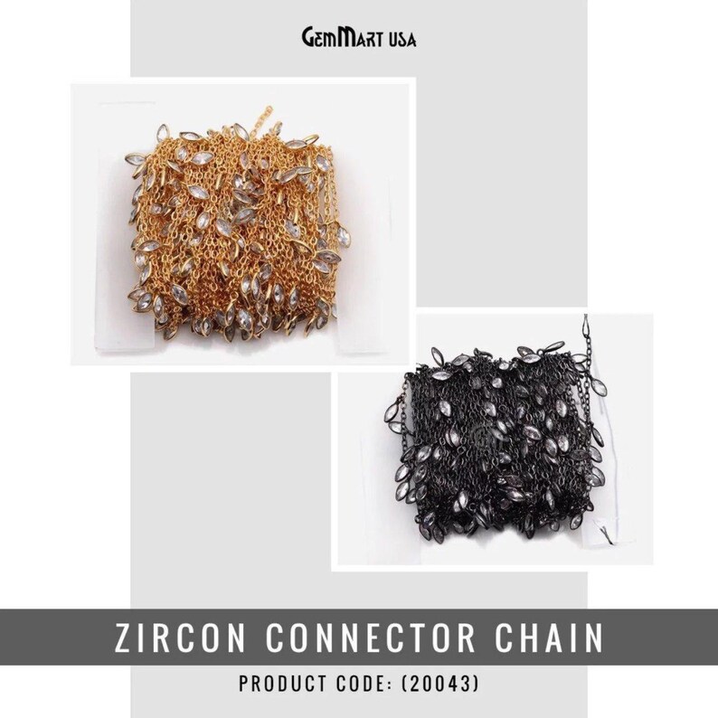 May include: Two spools of connector chain with clear zircon stones. The chain on the left is gold and the chain on the right is black. The product code is (20043). ZIRCON CONNECTOR CHAIN