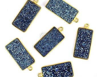 Blue Druzy Bezel Octagon Shape Connector, 10x20mm Octagon 24k Gold Plated, Single Bail Pendant 1pc (BZ-11215)