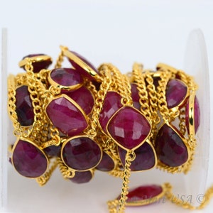 Ruby Bezel Connector Chain, Gold Plated Gemstone Chain, Bracelet Chain, Mix Connectors, By Foot, Size 10-15mm (GPRB-20002)