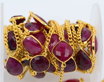 Ruby Bezel Connector Chain, Gold Plated Gemstone Chain, Bracelet Chain, Mix Connectors, By Foot, Size 10-15mm (GPRB-20002)