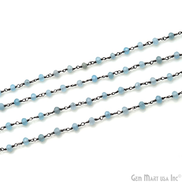 Light Blue Jade Chain, Rosary Chain, Black Plated, Faceted Bead Chains, Tiny Beads Chain, Black Gemstone Chain, 4MM, GemMartUSA BPHD-30003