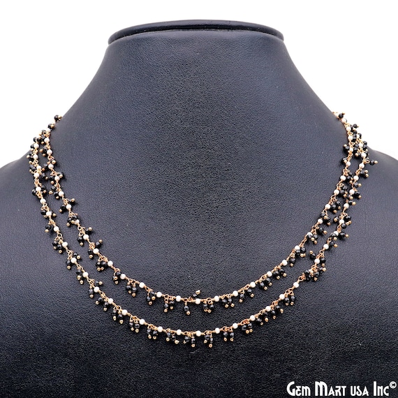 Black Spinel & Synthetic Pearl Cluster Rondelle Rosary Chain, Gold Plated Wire Wrapped Rosary Chain, Bead Chain GemMartUSA (GPBS-30207)
