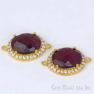 Natural Ruby Connector, Oval Shaped CZ pave encrusted, Prong Set DIY Jewelry, Gold Plated Double Bail connector 12x16mm (GPRB-40002)