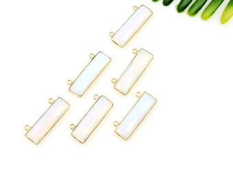 White Opal Rectangle Shape Pendant, Cabochon Connector, Gold Plated, Double Bail, Bezel Connector, 30x11mm GemMartUSA GPWO-50738