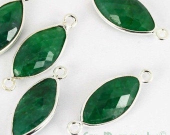 Natural Emerald, Bezel Marquise Shape Connector,8x16mm Marquise Silver Plated, Double Bail 1pc Gemmartusa (EM-10174)