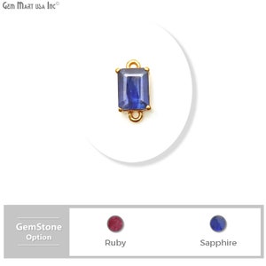 May include: A gold-toned connector with a blue sapphire gemstone. The connector has two loops for attaching to jewelry. GemStone Option: Sapphire.