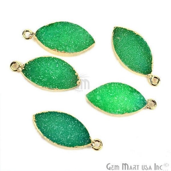 Green Druzy Connector, 10x20mm Marquise Shape 22k Gold Electroplated Single Bail Link Pendant GemMartUSA (ZEG-11074)