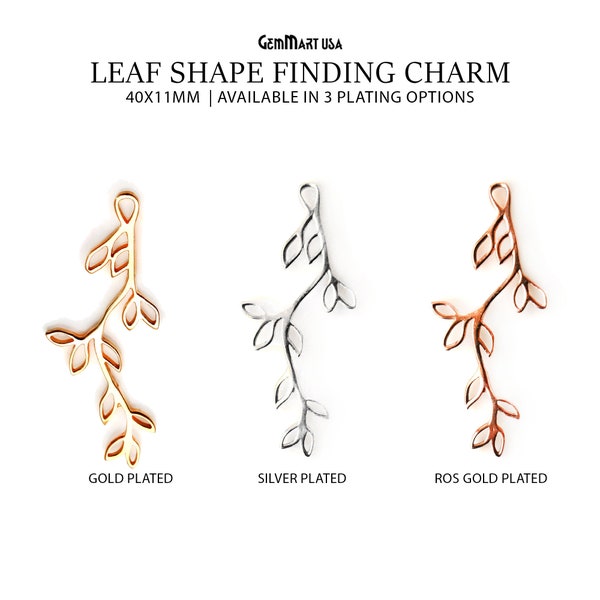 Metal Component, Gold/Rose Gold/ Silver Twig Leaf Branch Pendant Finding, DIY Single Loop Filigree Finding Charm, 40x11mm, GemMartUSA, 50196