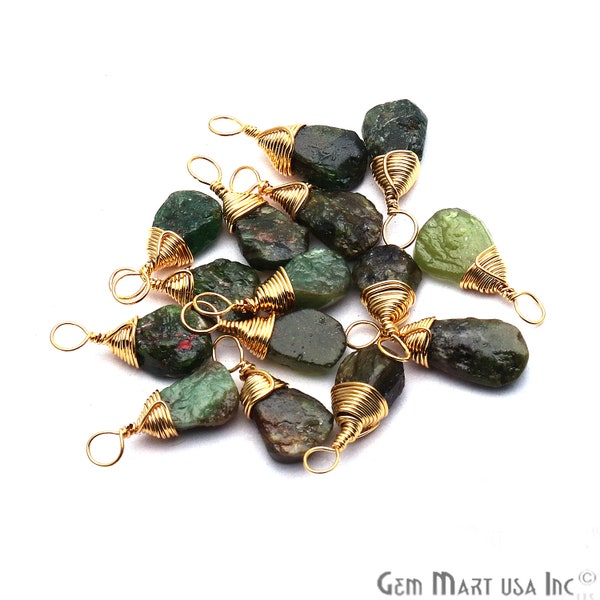 Green Garnet Drop Connector, Gold Wire Wrapped Necklace, Bracelets Charms, Rough stone, Jewelry Making Supplies,GemMartUSA (GPGG-50174)