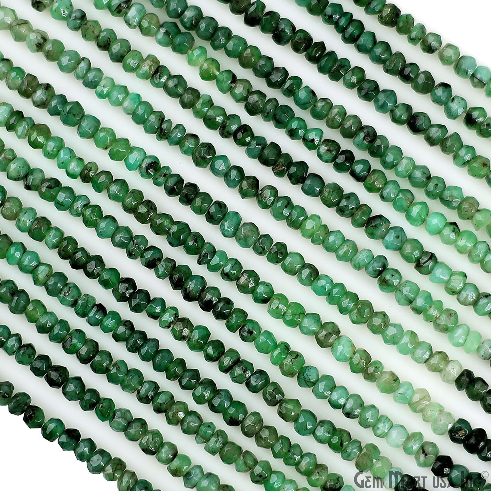 Emerald Rondelle Beads, 13 Inch Gemstone Strands, Drilled Strung Nugget Beads, Faceted Round, 4-5mm, GemMartUSA (RLEM-70003)