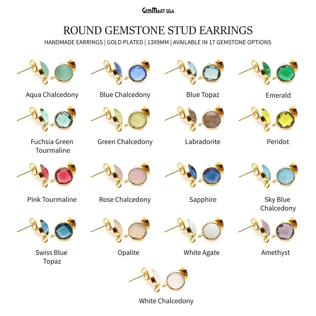 Round Gemstone Stud Earrings, Faceted Gemstone, Single Bail, Gold Plated, Bezel Setting, DIY