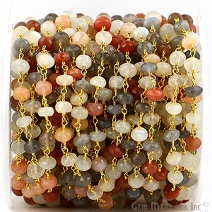 Multi Moonstone Rondelle beads rosary chain, 6-7mm Gold Plated wire wrapped link Stone rosary Chain, GemMartUSA (30036)