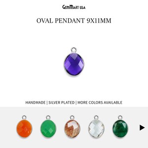 Könnte beinhalten: Silberplattierter ovaler Anhänger mit einem violetten Edelstein, 9x11mm. Handgefertigt. Weitere Farben verfügbar: Orange, Grün, Braun, Weiß und Grün.