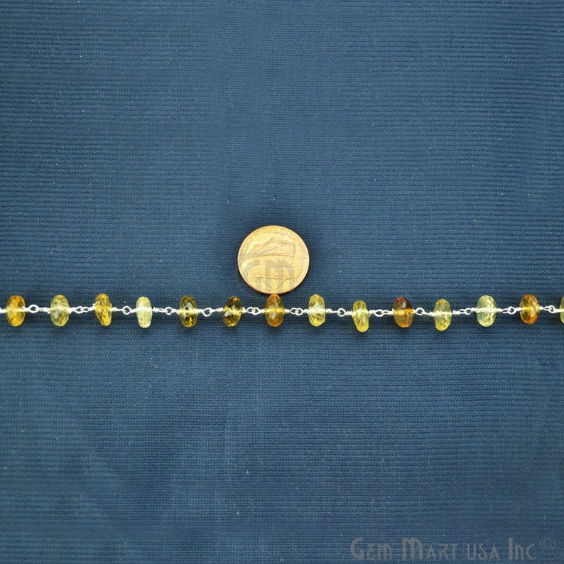 SPCQ-30035 7-8mm Silver Plated wire wrapped Rondelle Beads Rosary Chain by foot Champagne Quartz Beads GemMartUSA