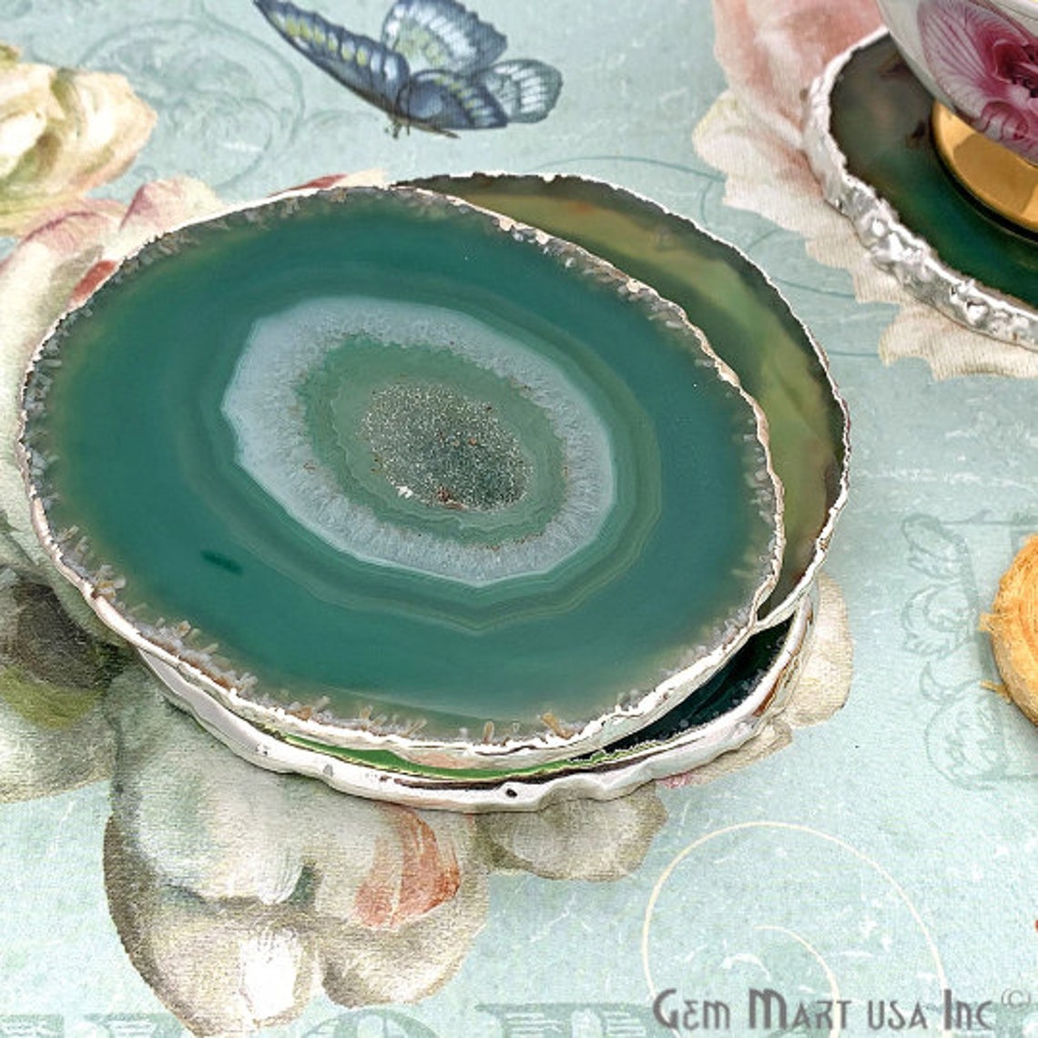 Green Gemstone Coaster Agate Coaster Set Drinkware Gold - Etsy