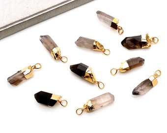 Smoky Topaz Connector, Rough Gemstone, Gemstone Charm, Organic Rough Gemstone, Stone Connector, Single Bail, Gold Edge, 37x15mm, ST-50002
