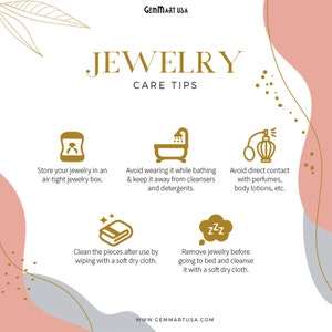 K&ouml;nnte beinhalten: Infografik mit Schmuckpflegetipps. Tipps: In einer luftdichten Box aufbewahren, Kontakt mit Wasser und Parfums vermeiden, mit einem weichen Tuch reinigen und vor dem Schlafengehen abnehmen. Gemmart USA Logo oben.