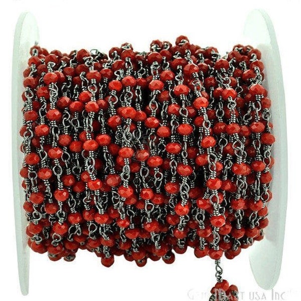 Beautiful Red Coral, 3-3.5mm Oxidized wire wrapped Rosary Chain by foot GemMartUSA (BPCR-30002)