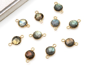 Labradorite Round Gemstone Pendant, 10mm Labradorite Faceted Gemstone Connector, Gold Electroplated Double Bail, GemMartUSA (LGB-10155)