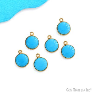 Turquoise Gemstone Drop Connector, Gold Plated, Single Bail, Round Bezel Connector, Glitter Charm, Gemstone Size 10mm (TQ-10589)