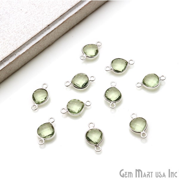 Green Amethyst Gemstone Connector With Faceted Heart Shape in Silver Bezel Setting, Double Bailed DIY Jewelry, 8MM (GA-10377)