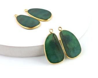 Green Onyx Free Form Earring, Gold Plated Smooth Slab Slice Thick Gemstone Connector, DIY Birthstone Charm, 28x15mm, GemMartUSA, GO-90009