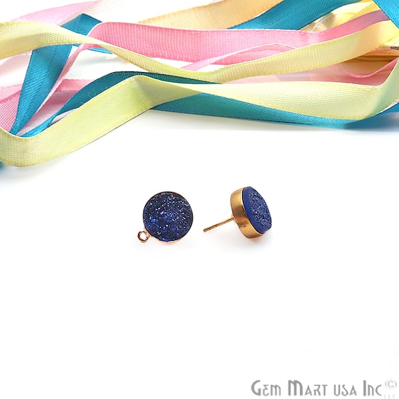 Blue Druzy Earring, Ear Stud, Post Ear, Round Studs, Earring
