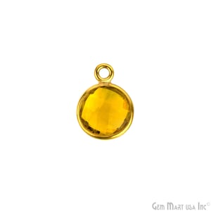 Citrine Faceted Round Bezel Charm, 8mm Tiny Gold Plated, Single Loop Gemstone Link Connector, Bulk Lot Jewelry Making Supplies HC-10208