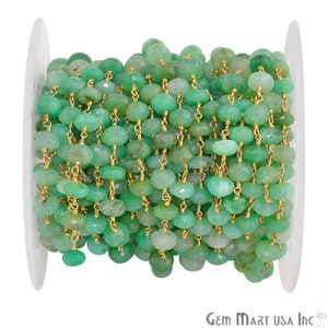 Chrysoprase beads rosary chain, 7-8mm Gold Plated wire wrapped link Stone rosary Chain, GemMartUSA (30035)