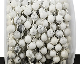 Howlite Jade , 8mm Silver Plated wire wrapped Rosary Chain for Making Jewelry. GemMartUSA (SPJH-30013)