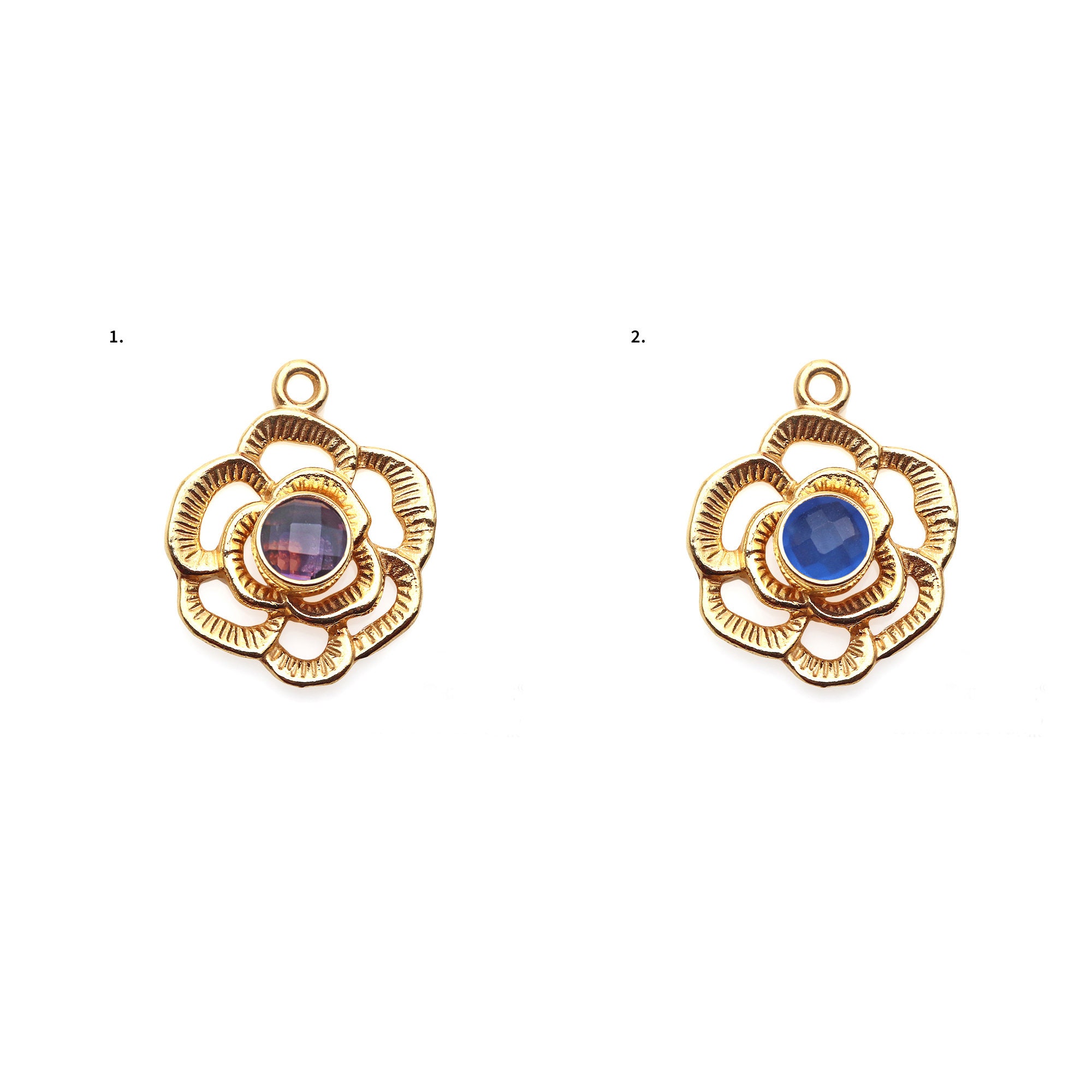 Pendentif Fleur Avec Pierres En Verre Facetté - Métal Doré - Multicolore