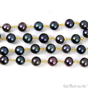 Black Pearl, 6mm Smooth Rosary Bead Chain, Gold Plated Wire Wrapped Link Chain, Jewelry making supplies, GPPB-30006