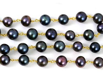 Black Pearl, 6mm Smooth Rosary Bead Chain, Gold Plated Handmade Link Chain, Jewelry making supplies, GemMartUSA GPPB-30006
