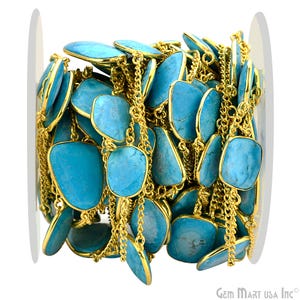 Turquoise Bezel Connector Chain, Gold Plated Gemstone Chain, Bracelet Chain, Mix Connectors, By Foot, Size 15mm (GPTQ-20003)