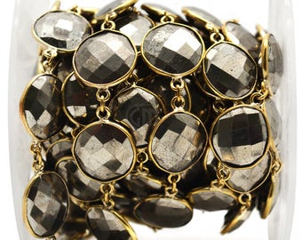 Pyrite Connector Beaded Chain, Gold Plated Gemstone Connector Chain, Continuous Chain, GemMartUSA (GPPY-20007)