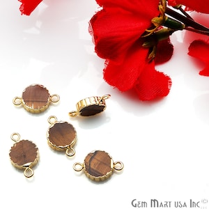 Round Connector, Tiger Eye Connector, 24k Gold, Gold Plated, Gold Bail, Electroplated, 10mm, Zig-Zag Double Bail, GemMartUSA (TZE-10155)