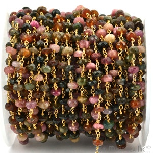 One Foot Multi Tourmaline Rosary Chain, 5-6mm 24k Gold Plated wire wrapped Beads Rosary GemMartUSA (GPMT-30038)